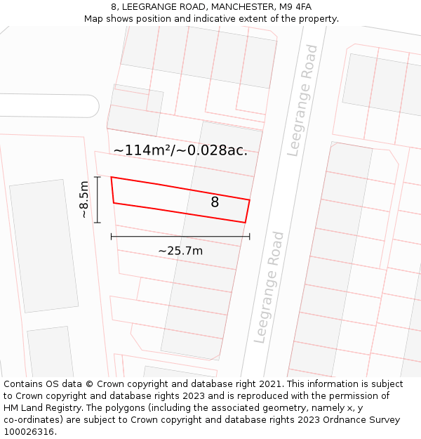 8, LEEGRANGE ROAD, MANCHESTER, M9 4FA: Plot and title map