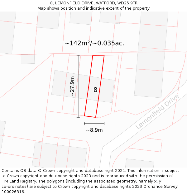 8, LEMONFIELD DRIVE, WATFORD, WD25 9TR: Plot and title map