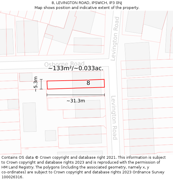 8, LEVINGTON ROAD, IPSWICH, IP3 0NJ: Plot and title map
