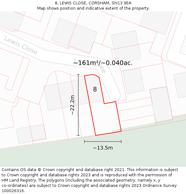 8, LEWIS CLOSE, CORSHAM, SN13 9EA: Plot and title map