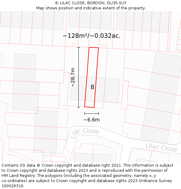 8, LILAC CLOSE, BORDON, GU35 0UY: Plot and title map