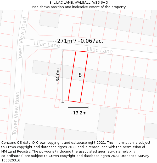 8, LILAC LANE, WALSALL, WS6 6HQ: Plot and title map