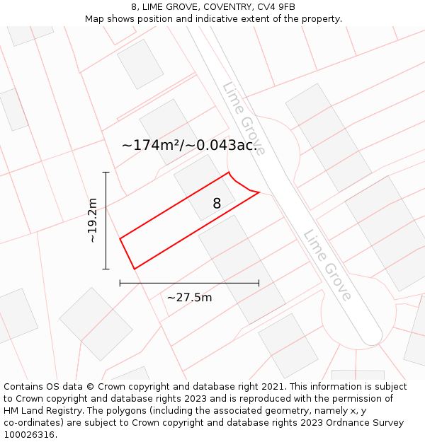 8, LIME GROVE, COVENTRY, CV4 9FB: Plot and title map