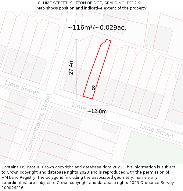 8, LIME STREET, SUTTON BRIDGE, SPALDING, PE12 9UL: Plot and title map