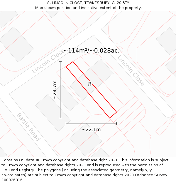 8, LINCOLN CLOSE, TEWKESBURY, GL20 5TY: Plot and title map