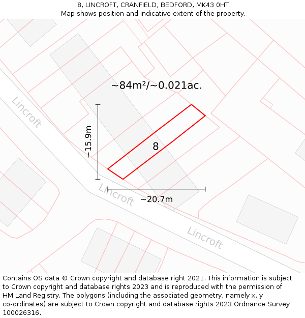 8, LINCROFT, CRANFIELD, BEDFORD, MK43 0HT: Plot and title map