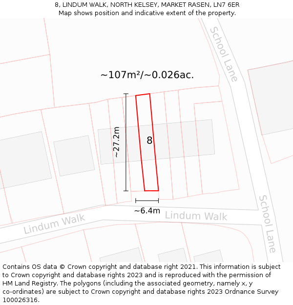 8, LINDUM WALK, NORTH KELSEY, MARKET RASEN, LN7 6ER: Plot and title map