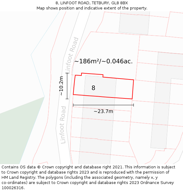 8, LINFOOT ROAD, TETBURY, GL8 8BX: Plot and title map