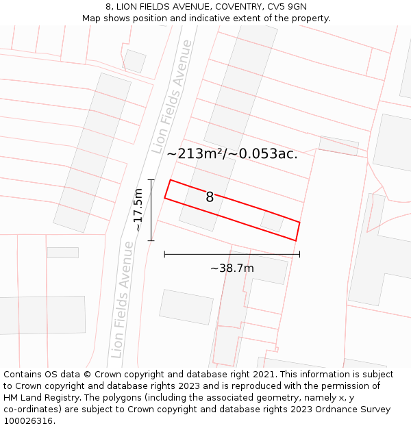 8, LION FIELDS AVENUE, COVENTRY, CV5 9GN: Plot and title map