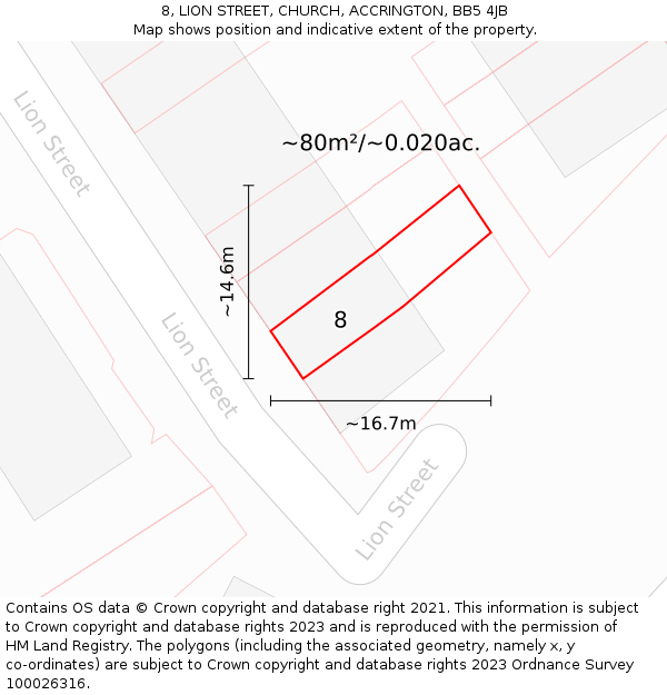 8, LION STREET, CHURCH, ACCRINGTON, BB5 4JB: Plot and title map