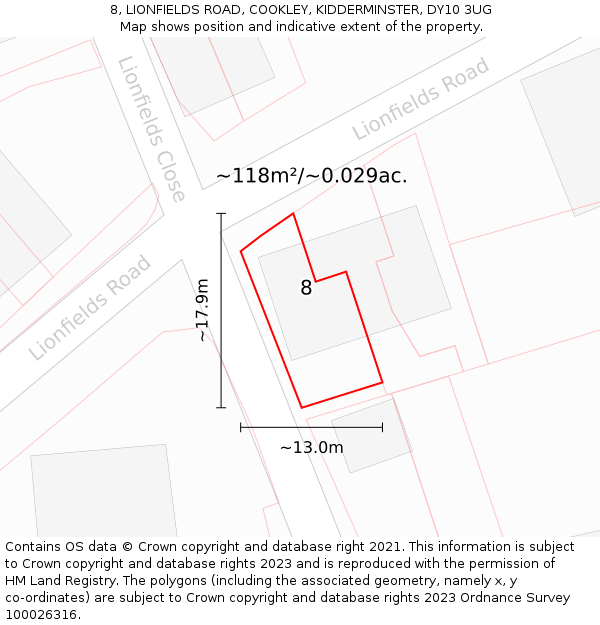 8, LIONFIELDS ROAD, COOKLEY, KIDDERMINSTER, DY10 3UG: Plot and title map