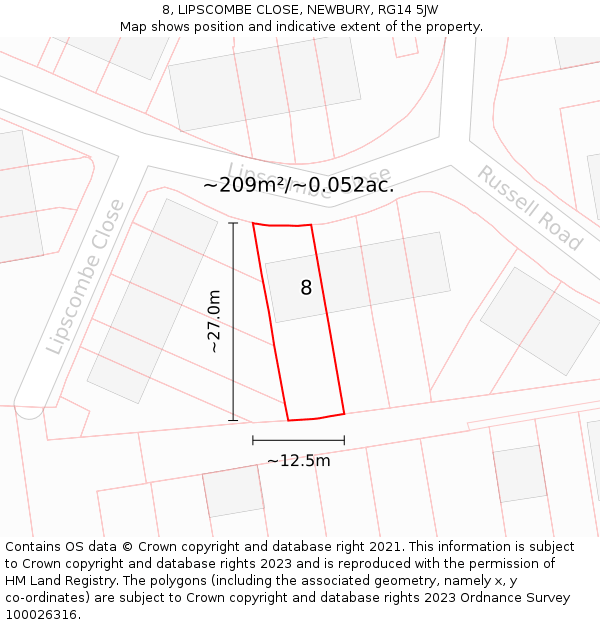 8, LIPSCOMBE CLOSE, NEWBURY, RG14 5JW: Plot and title map