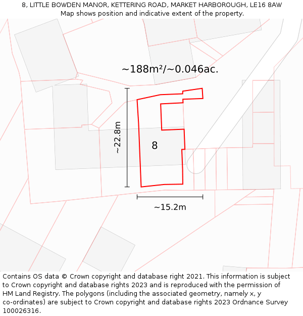 8, LITTLE BOWDEN MANOR, KETTERING ROAD, MARKET HARBOROUGH, LE16 8AW: Plot and title map