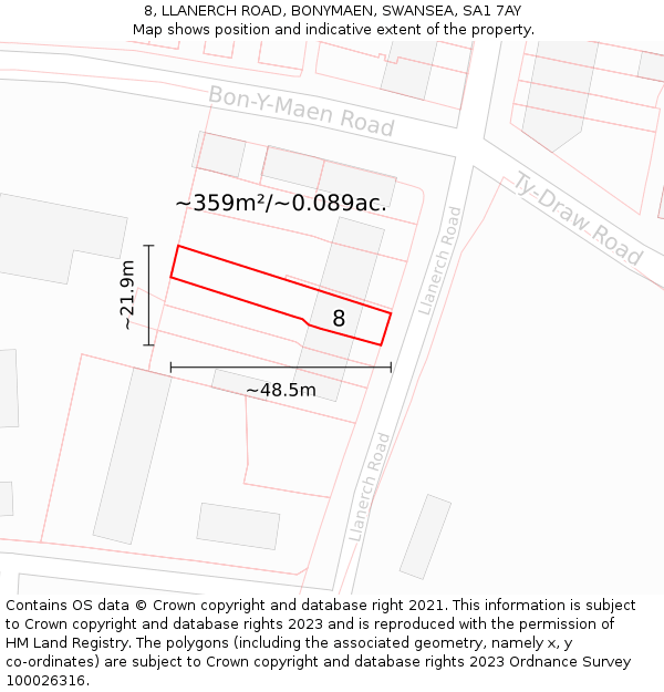 8, LLANERCH ROAD, BONYMAEN, SWANSEA, SA1 7AY: Plot and title map