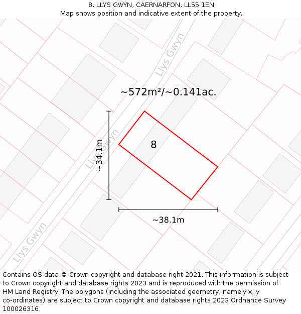 8, LLYS GWYN, CAERNARFON, LL55 1EN: Plot and title map