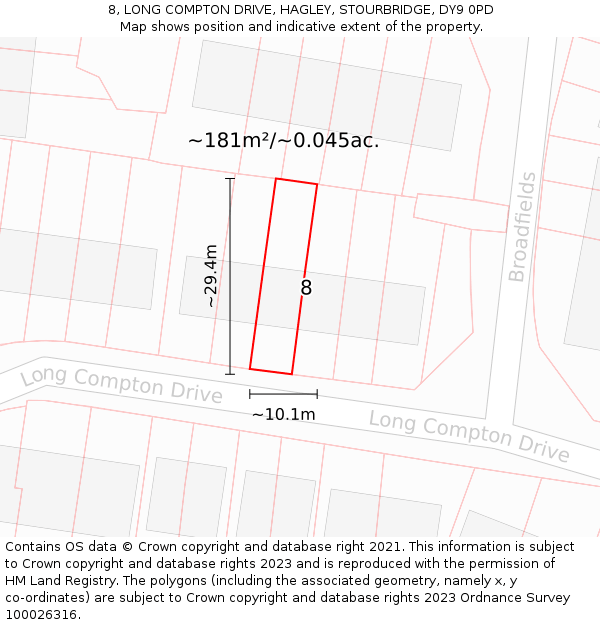 8, LONG COMPTON DRIVE, HAGLEY, STOURBRIDGE, DY9 0PD: Plot and title map