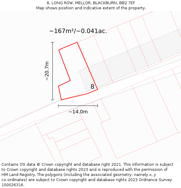 8, LONG ROW, MELLOR, BLACKBURN, BB2 7EF: Plot and title map