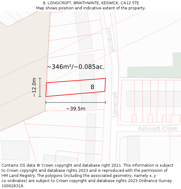 8, LONGCROFT, BRAITHWAITE, KESWICK, CA12 5TE: Plot and title map