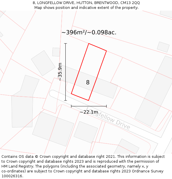 8, LONGFELLOW DRIVE, HUTTON, BRENTWOOD, CM13 2QQ: Plot and title map