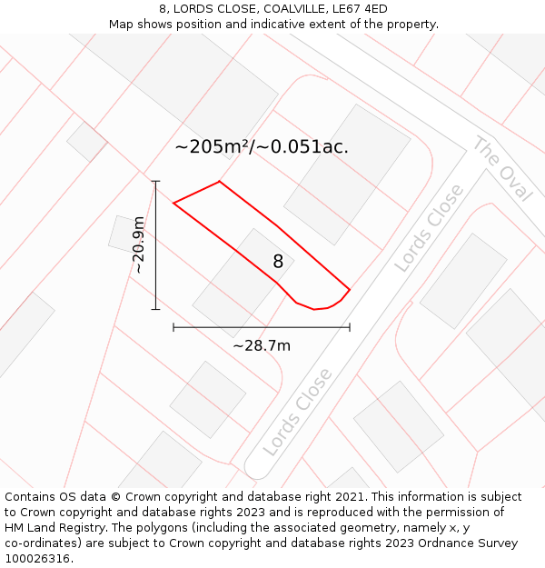 8, LORDS CLOSE, COALVILLE, LE67 4ED: Plot and title map