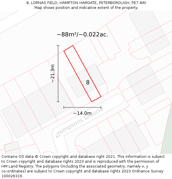 8, LORNAS FIELD, HAMPTON HARGATE, PETERBOROUGH, PE7 8AY: Plot and title map