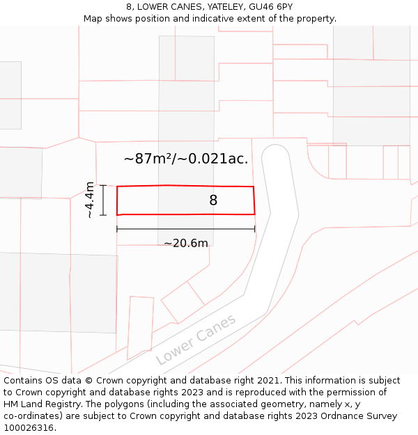 8, LOWER CANES, YATELEY, GU46 6PY: Plot and title map