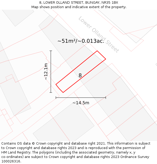 8, LOWER OLLAND STREET, BUNGAY, NR35 1BX: Plot and title map