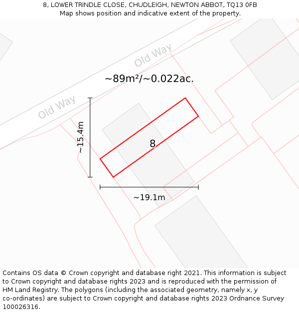 8, LOWER TRINDLE CLOSE, CHUDLEIGH, NEWTON ABBOT, TQ13 0FB: Plot and title map