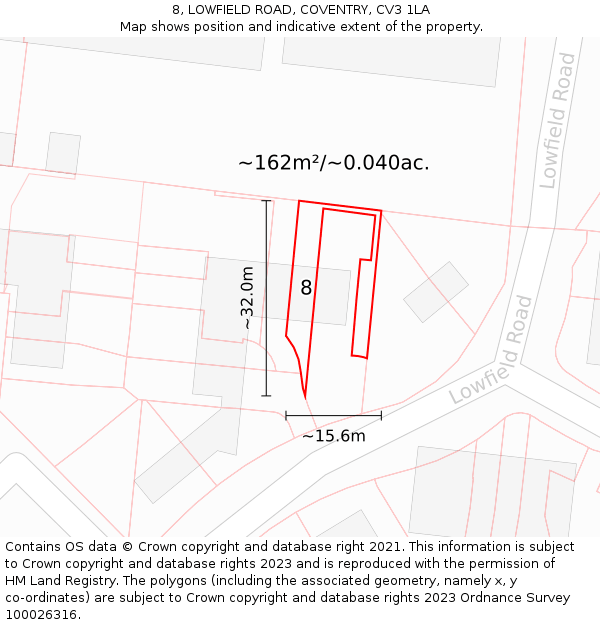 8, LOWFIELD ROAD, COVENTRY, CV3 1LA: Plot and title map