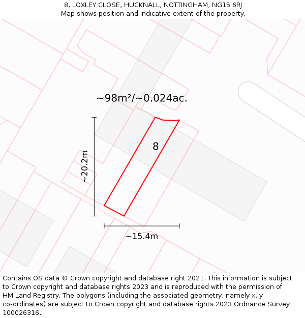 8, LOXLEY CLOSE, HUCKNALL, NOTTINGHAM, NG15 6RJ: Plot and title map