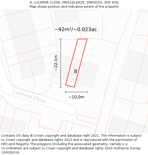8, LUCERNE CLOSE, MIDDLELEAZE, SWINDON, SN5 5GQ: Plot and title map