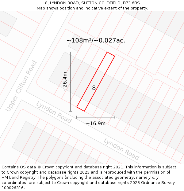 8, LYNDON ROAD, SUTTON COLDFIELD, B73 6BS: Plot and title map