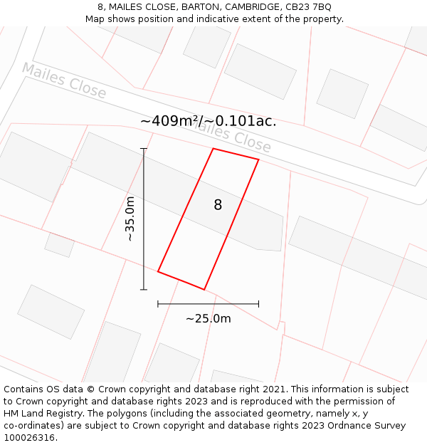 8, MAILES CLOSE, BARTON, CAMBRIDGE, CB23 7BQ: Plot and title map