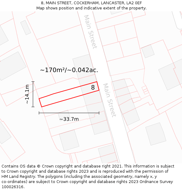 8, MAIN STREET, COCKERHAM, LANCASTER, LA2 0EF: Plot and title map