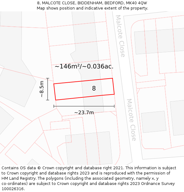 8, MALCOTE CLOSE, BIDDENHAM, BEDFORD, MK40 4QW: Plot and title map