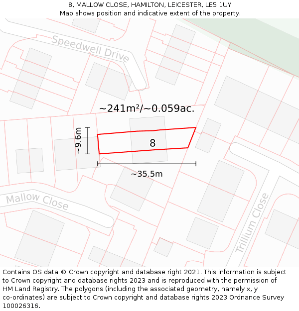 8, MALLOW CLOSE, HAMILTON, LEICESTER, LE5 1UY: Plot and title map
