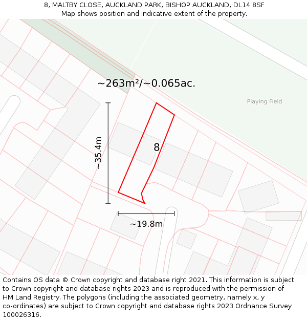 8, MALTBY CLOSE, AUCKLAND PARK, BISHOP AUCKLAND, DL14 8SF: Plot and title map