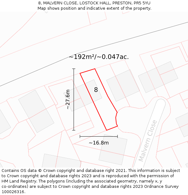 8, MALVERN CLOSE, LOSTOCK HALL, PRESTON, PR5 5YU: Plot and title map