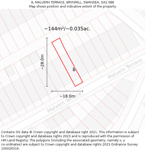 8, MALVERN TERRACE, BRYNMILL, SWANSEA, SA2 0BE: Plot and title map
