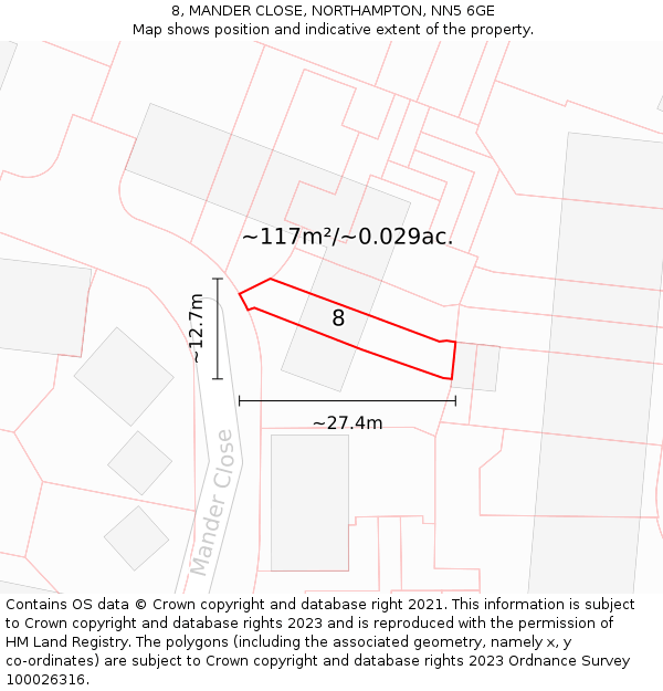 8, MANDER CLOSE, NORTHAMPTON, NN5 6GE: Plot and title map