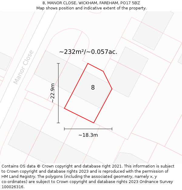 8, MANOR CLOSE, WICKHAM, FAREHAM, PO17 5BZ: Plot and title map