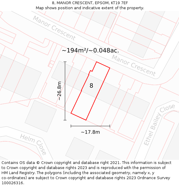 8, MANOR CRESCENT, EPSOM, KT19 7EF: Plot and title map