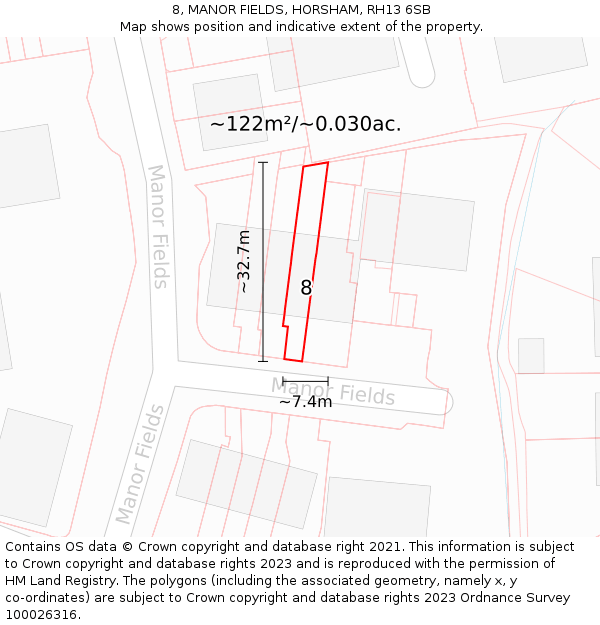 8, MANOR FIELDS, HORSHAM, RH13 6SB: Plot and title map