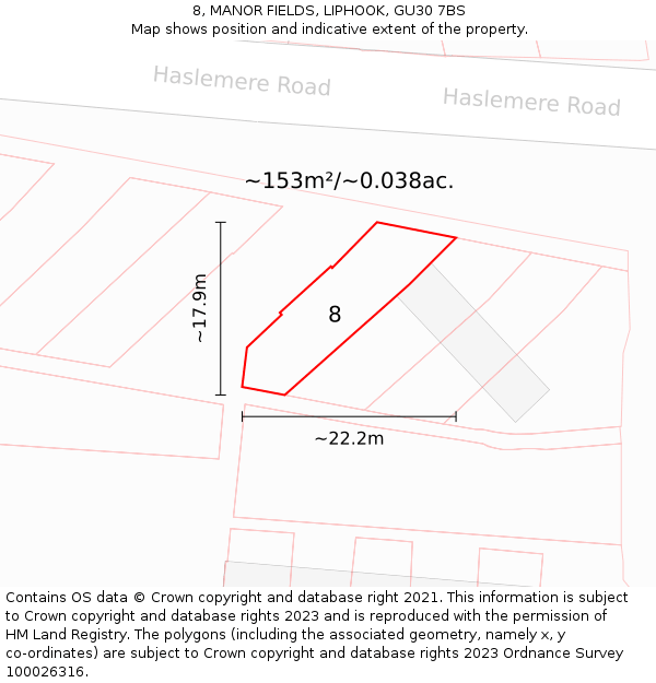 8, MANOR FIELDS, LIPHOOK, GU30 7BS: Plot and title map