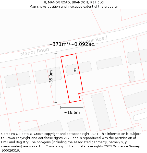 8, MANOR ROAD, BRANDON, IP27 0LG: Plot and title map