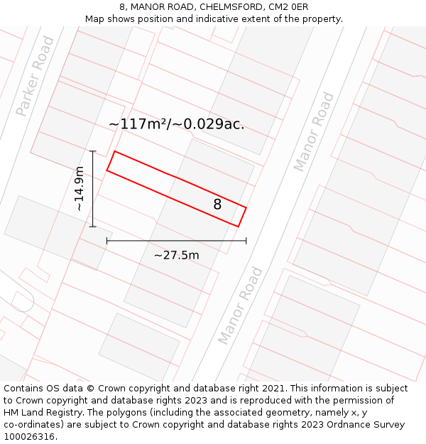 8, MANOR ROAD, CHELMSFORD, CM2 0ER: Plot and title map