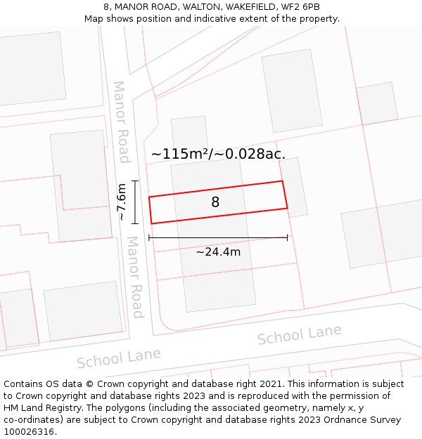 8, MANOR ROAD, WALTON, WAKEFIELD, WF2 6PB: Plot and title map