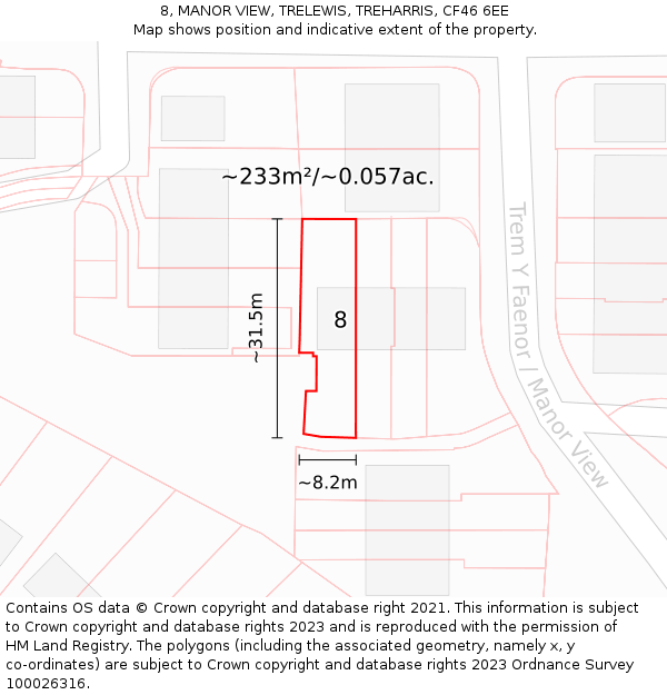 8, MANOR VIEW, TRELEWIS, TREHARRIS, CF46 6EE: Plot and title map