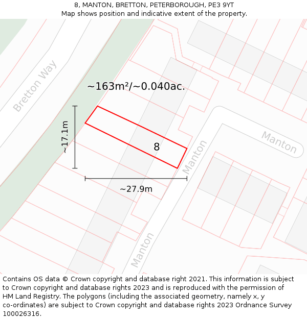 8, MANTON, BRETTON, PETERBOROUGH, PE3 9YT: Plot and title map