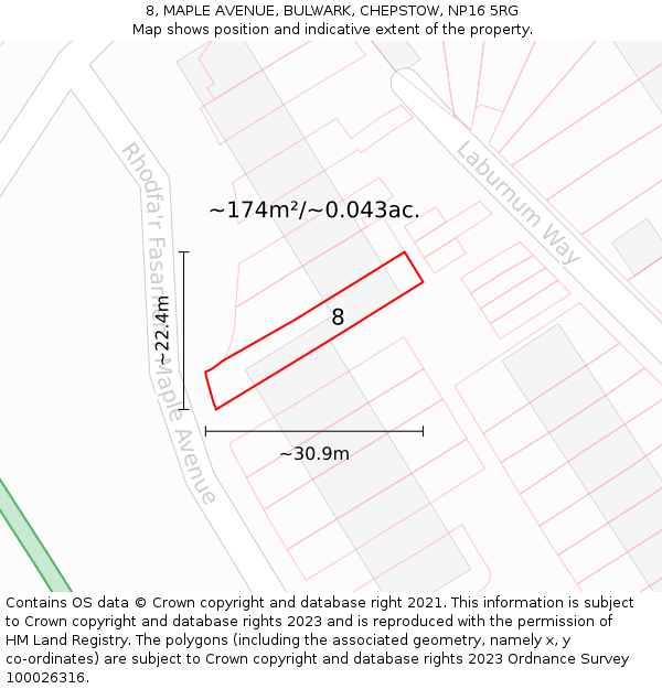 8, MAPLE AVENUE, BULWARK, CHEPSTOW, NP16 5RG: Plot and title map